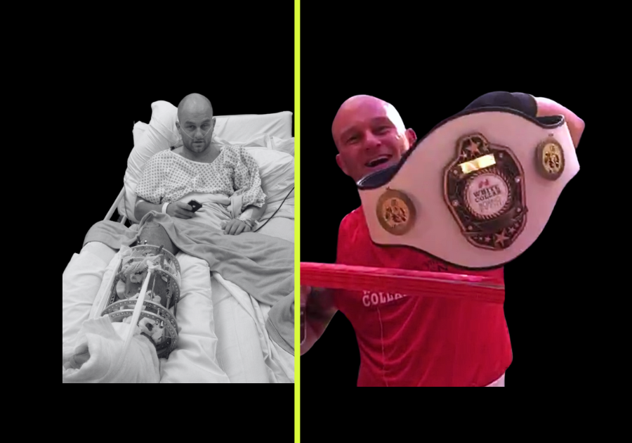 Luke in hospital with a broken leg and after, holding up championship belt